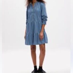 Gap Long Sleeve Tiered Mini Shirt Dress Light Wash XL Pockets Ruffle Collar EUC
